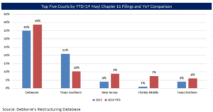 Block graph showing top five courts in 2024 to 19 May, Chapter 11 filings